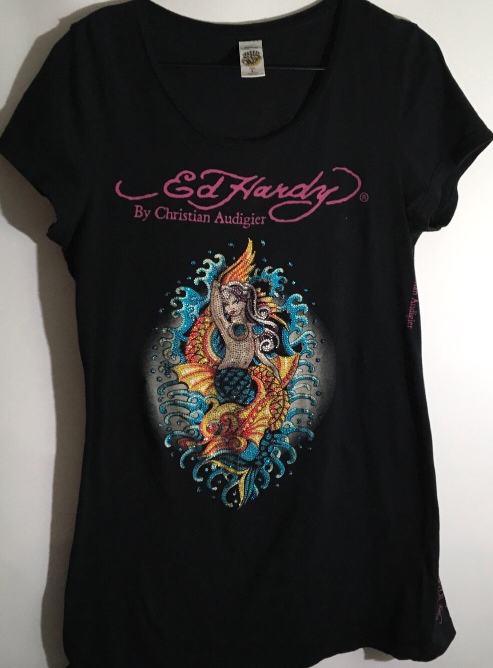 Vtg ED HARDY Christian Audigier Women's Sz Large Black Embellished Mermaid Tee